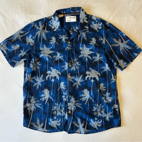 Selected Homme Blue and White Casual Button Down Shirt with Palm Tree Print - Picture 1 of 6